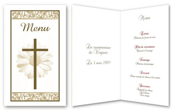 Menu pour communion, baptme ou autre repas religieux orn d'une croix.