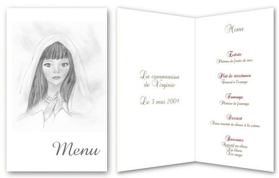 Menu pour communion representant la prire d'une communiante en dessin.