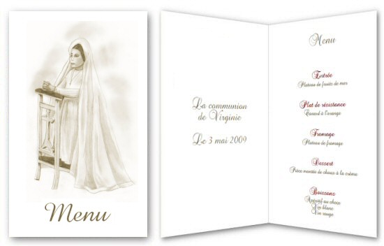 Menu pour communion representant la prire d'une communiante dssine.