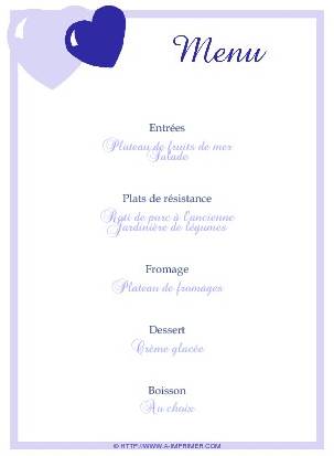 Menu orn de gros coeurs bleus.