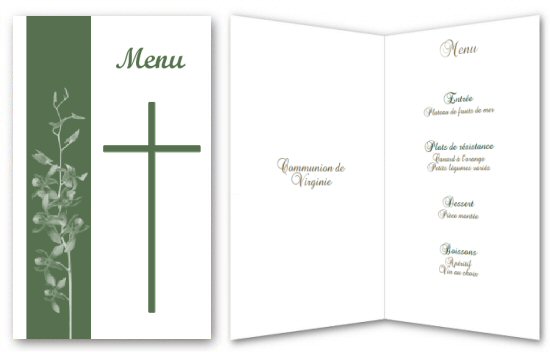 Menu vert pour communion ou repas religieux orn d'ne croix.