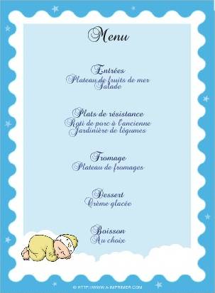 Menu bleu pour un baptme ou une fte pour enfant orn d'un bb dormant sur un nuage.