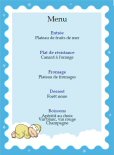 Miniature : Menu bleu pour un baptme ou une fte pour enfant orn d'un bb dormant sur un nuage.