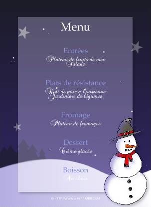 Menu de fte de fin d'anne, bleu nuit, orn d'un bonhomme de neige.