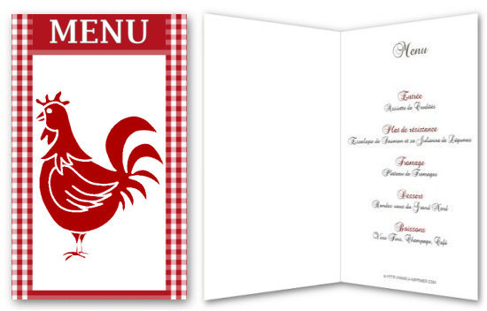 Menu rouge orn d'un coq.