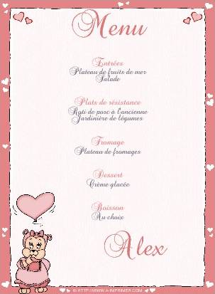 Menu pour un baptme ou une fte pour enfant, orn d'une oursonne rose portant un ballon.