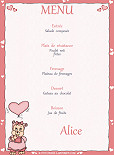 Miniature : Menu pour un baptme ou une fte pour enfant, orn d'une oursonne rose portant un ballon.