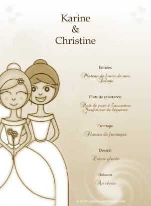 Menu multicolor representant un couple de femmes maries.