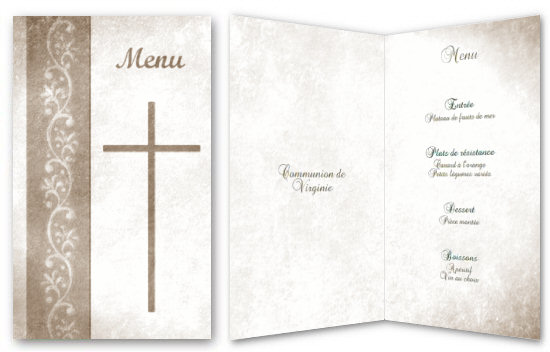 Menu pour communion ou repas religieux orn d'une croix.