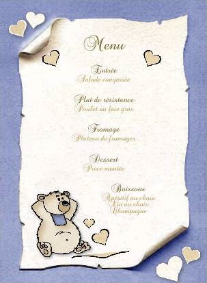 Menu multicolor pour un baptme ou une fte d'enfant, orn d'un ourson et de petits coeurs.