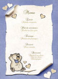 Miniature : Menu multicolor pour un baptme ou une fte d'enfant, orn d'un ourson et de petits coeurs.