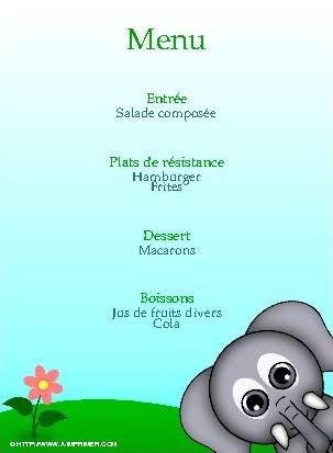 Un menu de fête pour enfant illustré avec un animal au choix.