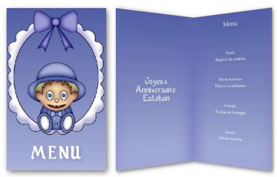 Menu pour baptême ou anniversaire, pour garçon