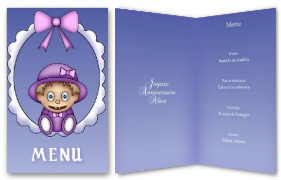 Menu pour baptme ou anniversaire, pour fille