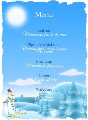 Un menu de Nol orn d'un bonhomme de neige