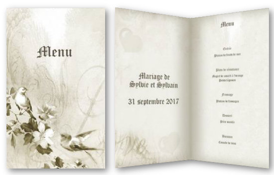 Menu romantique orn de petits oiseaux