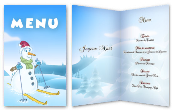 Menu de nol compos d'un bonhomme de neige faisant du ski