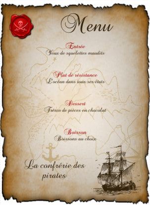 Menu pour petits pirates orn d'un bateau pirate.