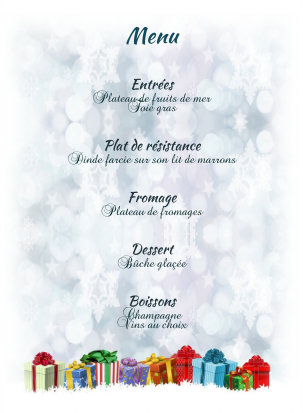 Un menu de nol orn de cadeaux