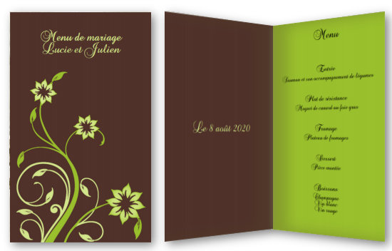 Menu pliant couleurs chocolat et vert anis avec possibilit d'ajouter une photo.