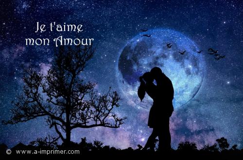 Sous la lune Deux amoureux s'embrassent devant la lune.