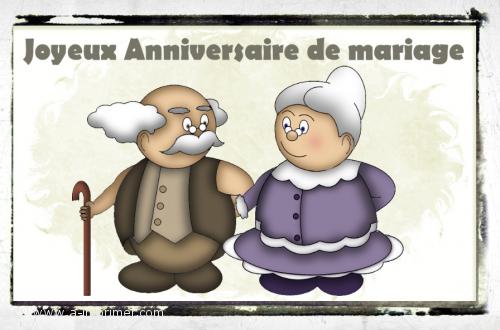 Un anniversaire de mariage  souhaiter. Voici une carte postale compose d'un joli couple de personnes ages.