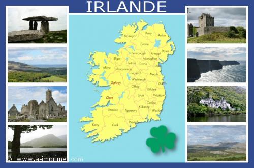 Carte postale compose de photos et d'une carte de l'Irlande.