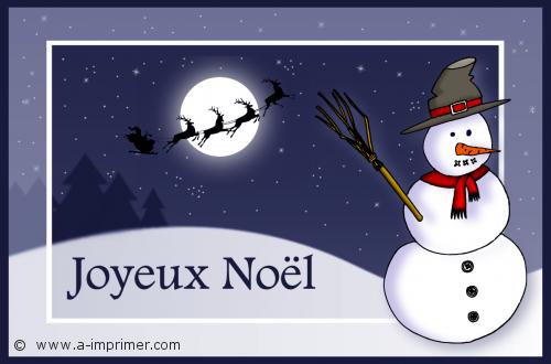 Carte postale joyeux nol : un bonhomme de neige ainsi que le traineau du pre nol passant devant la lune.