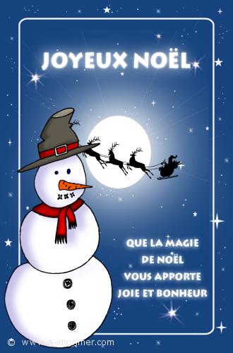 Carte postale joyeux nol : un bonhomme de neige ainsi que le traineau du pre nol passant devant la lune.