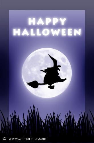 Happy Halloween Une carte postale pour Halloween. Une sorcière sur un balai passe devant la lune.
