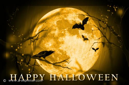 Carte postale pour halloween. Corbeau et chauves souris devant la lune