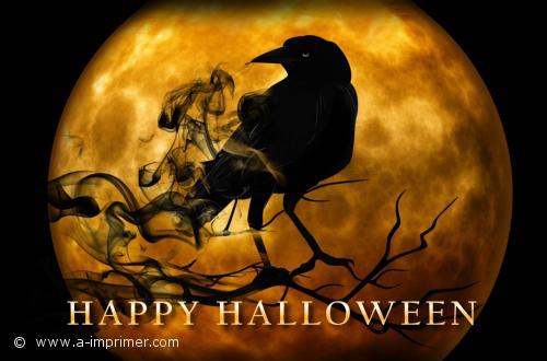 Carte postale pour halloween. Corbeau devant la lune