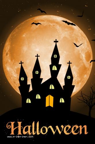 Carte postale pour halloween. Un chateau hant devant la lune.