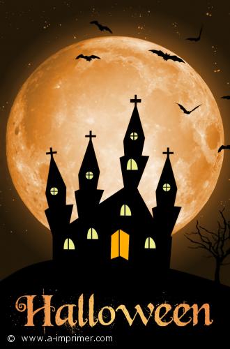 Carte postale pour halloween. Un chateau hant devant la lune.