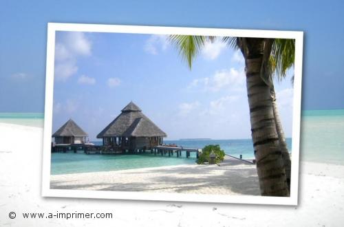 Carte postale de petites maisons sur la plage aux Maldives.