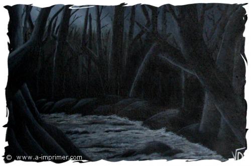 La forêt Tableau d'une forêt obscure et d'une rivière agitée