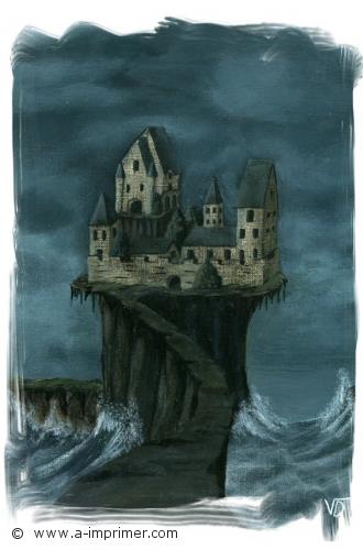 Le village Carte postale d'une peinture sombre d'un village sur une falaise sur une mer agitée.